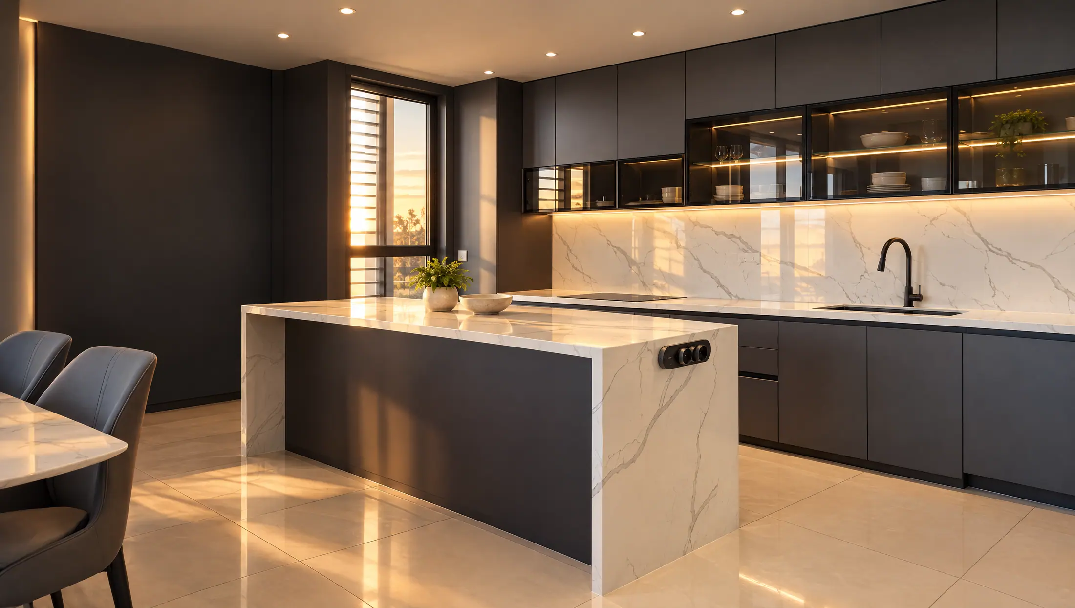 A real Cabchen kitchen in Sabah: matte graphite cabinets, glass-front wall units and a white quartz waterfall island