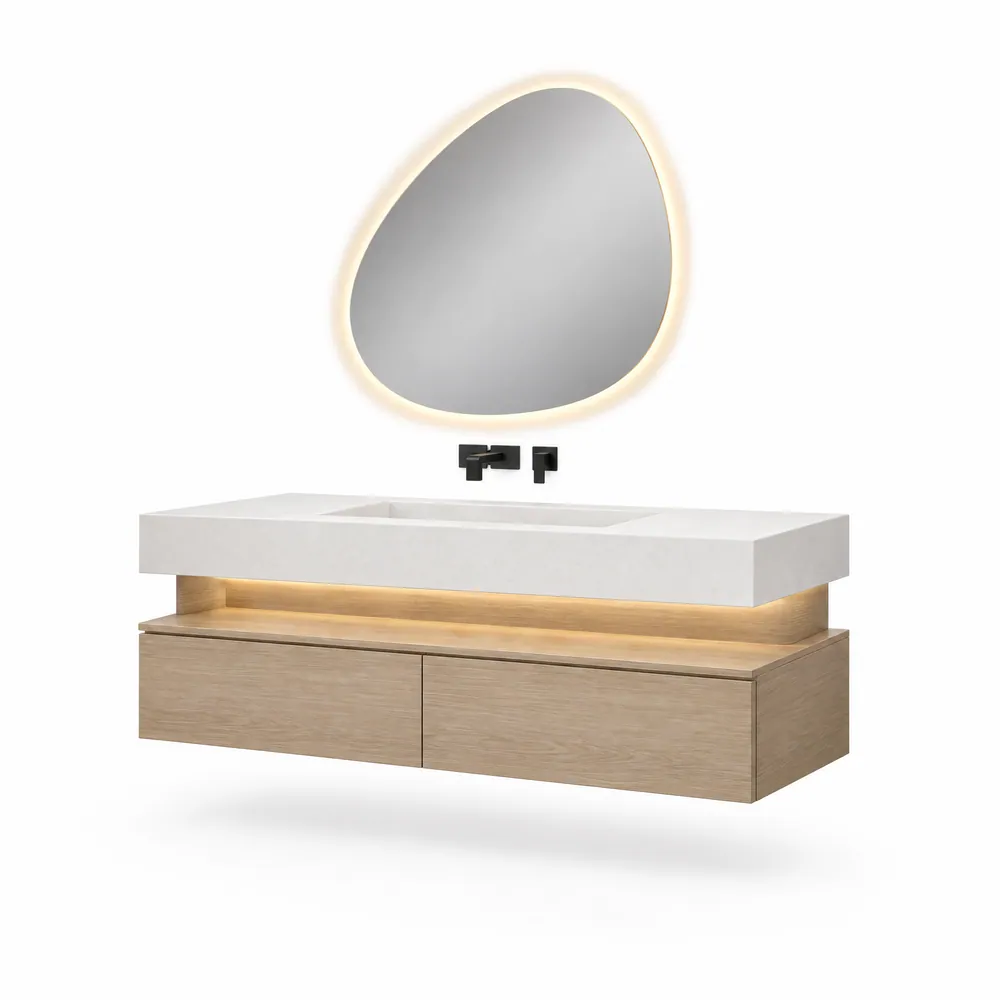 3D model of a floating vanity with a stone-look top and wood drawers
