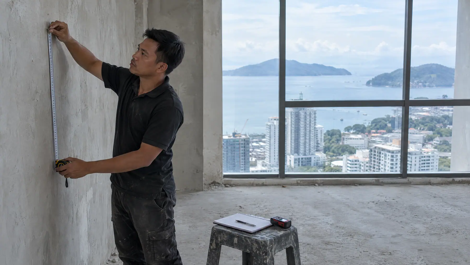 A designer measuring a room with a laser measure and tape, with plans on a clipboard