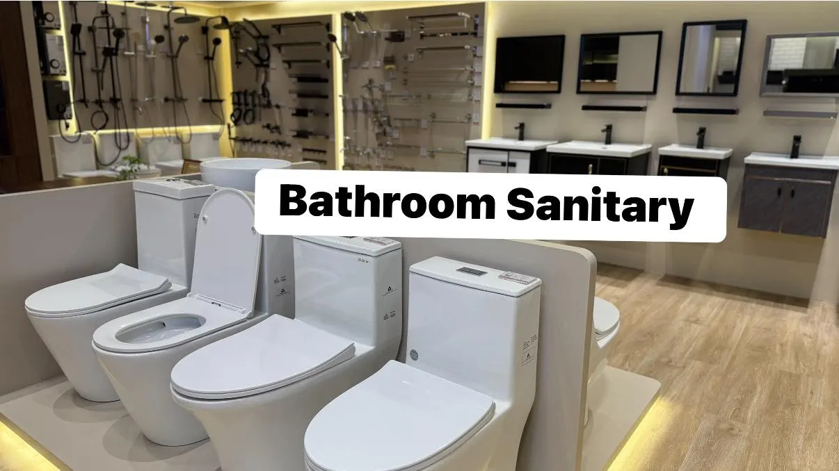 The bathroom sanitaryware section at Cabchen's Penampang showroom: toilets, vanities, mirrors and shower sets on display