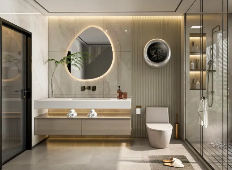 Design render: bathroom with a floating vanity and a backlit pebble mirror